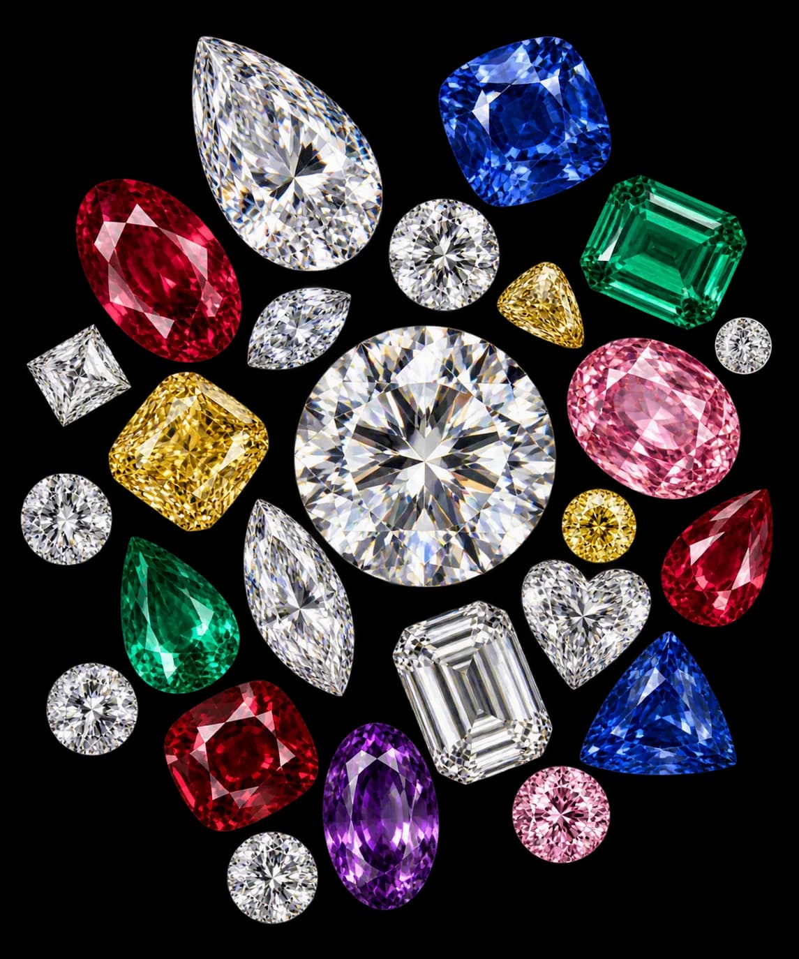 An arrangement of precious coloured gemstones