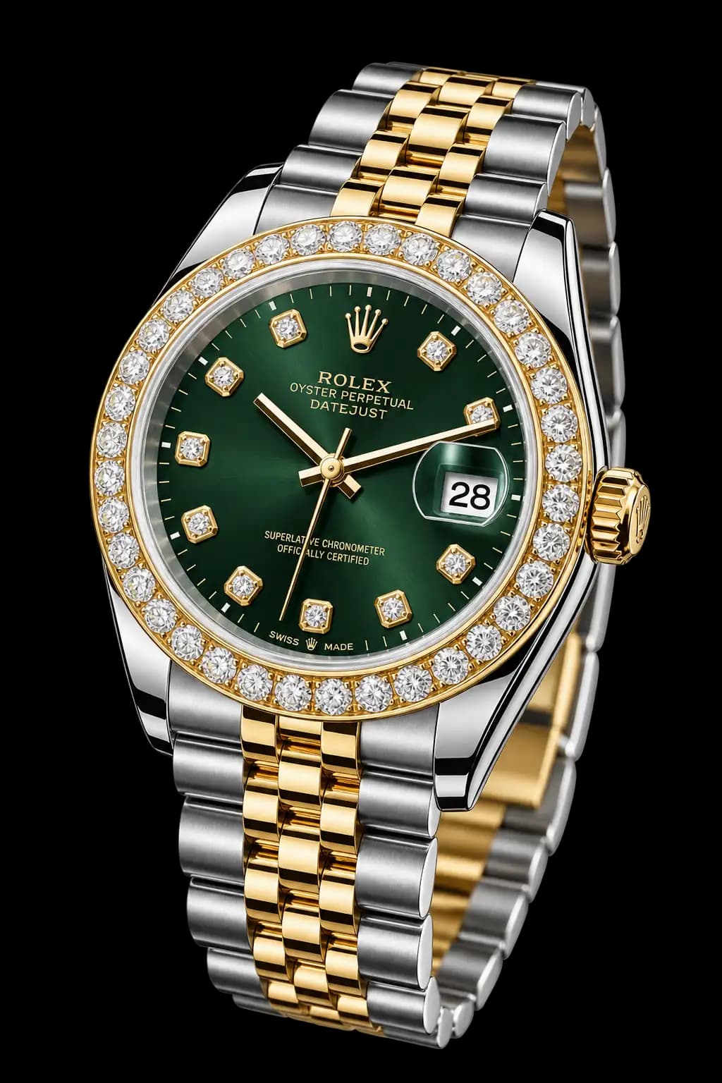 A luxury Rolex watch with a diamond bezel